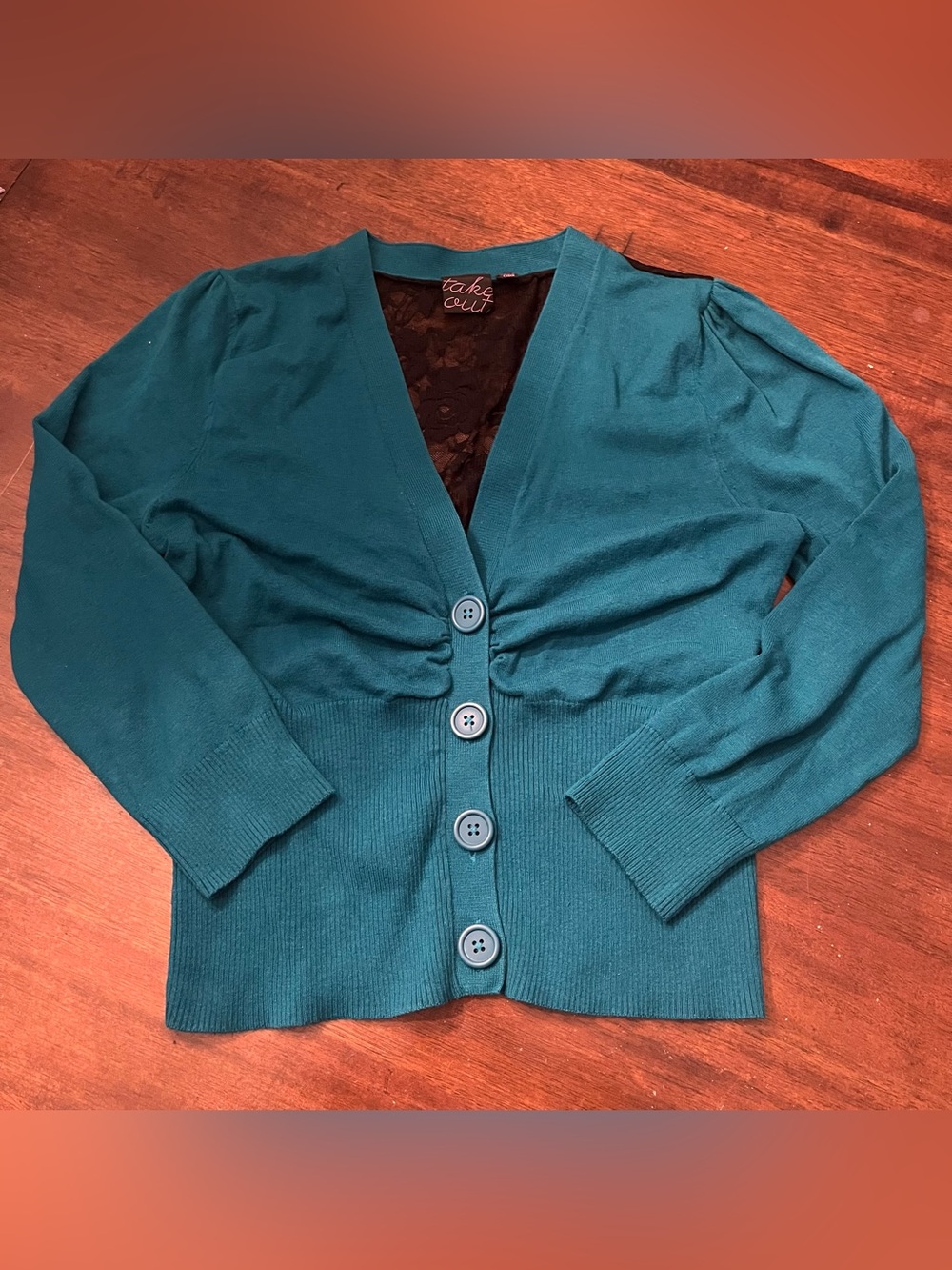 Take Out Teal & Black Lace Back Cardigan Sweater Size L 2010s Whimsigoth Office